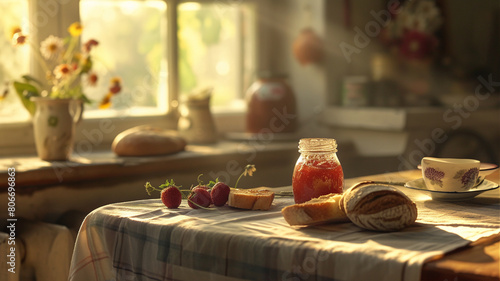 red strawberry jam with bread background