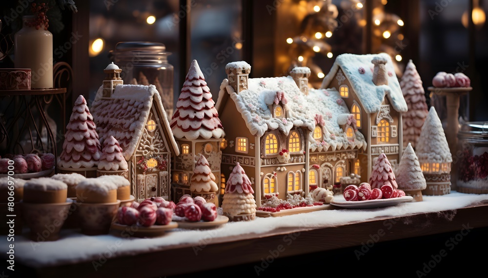 Christmas and New Year holidays background with gingerbread houses and candies.