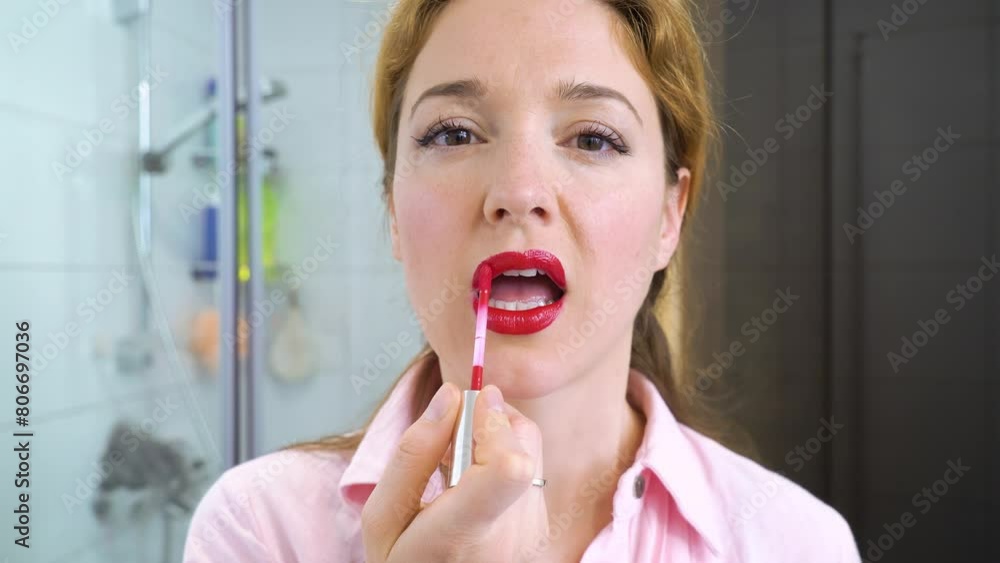 Beautiful young woman applying matte lipstick in bathroom interior, looking in mirror. Beautiful young woman applying matte lipstick in bathroom interior, looking in mirror.