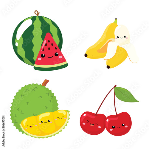 Cute fruit watermelon, banana, durian, and cherry clip art
