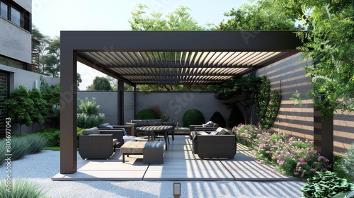 contemporary minimalist patio with pergola surrounded by lush greenery, featuring a black table and chairs, and a white building in the background