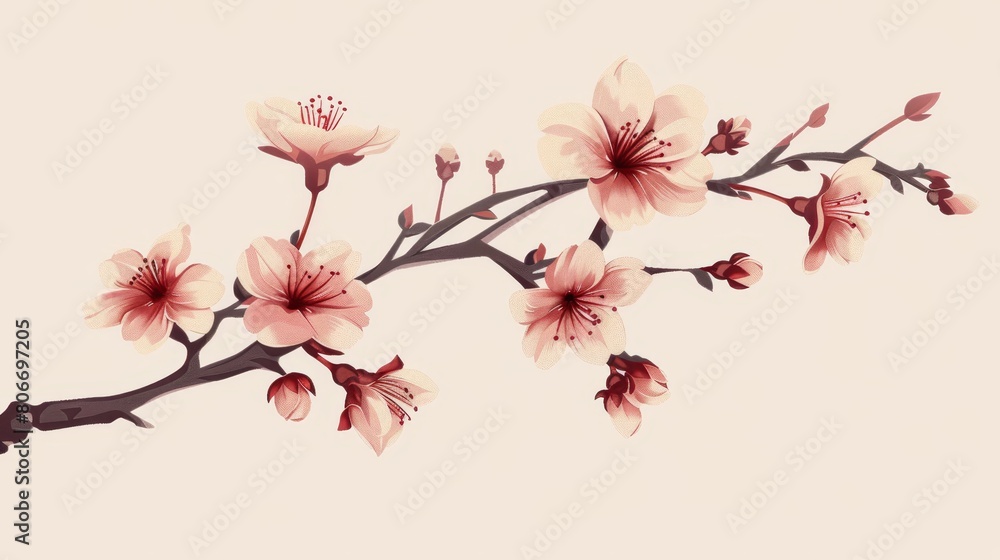 Fototapeta premium Elegant Japanese tattoo of a cherry blossom branch, sakura, symbolizing the transient nature of life, beautifully inked in irezumi style, on a plain background