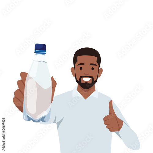 Healthy young black man showing bottle of mineral water and give thumb up. Flat vector illustration isolated on white background