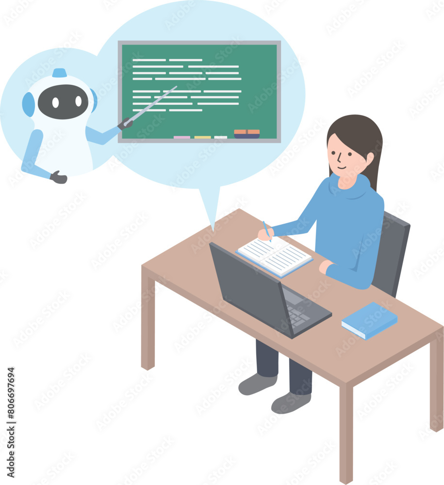 AIの先生に勉強を教えてもらっている女性 AIの先生に勉強を教えてもらっている女性