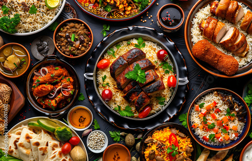 Asian cuisine feast on dark table, Overhead view of a table full of halal dishes, sauces, and spices