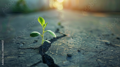 Plant grow on crack street , growth ecology new life business Earth Day concept. Plant floor up crack growing concept.