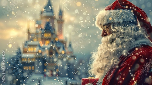 Santa Claus vintage style portrait with castle on fantasy background. Winter holiday, Christmas and New Year celebration. photo