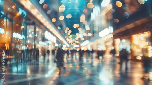 Shopping mall or business hall with people walking. Blur background with bokeh. Abstract urban background with copy space