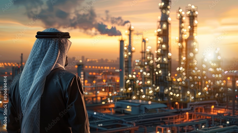 Successful Muslim Arab businessman with an oil pump, oil refinery plant in the background. Successful Saudi, Emirati, Arab businessman. wide format panorama background Successful Muslim Arab businessman with an oil pump, oil refinery plant in the background. Successful Saudi, Emirati, Arab businessman. wide format panorama background