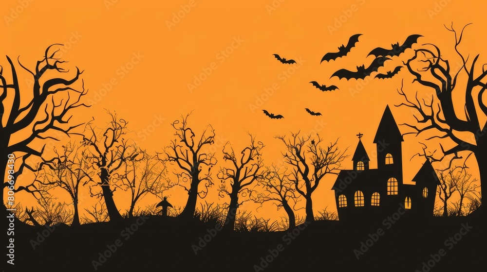 Silhouette of haunted house, bats, and spooky trees on orange backdrop. Halloween scene. Ai Generated