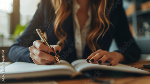 a business woman's hand as she writes something in a notebook photo