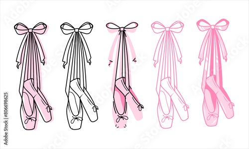 Set of ballet shoes in different styles. Ballet coquette core. Flat vector graphics isolated on white background