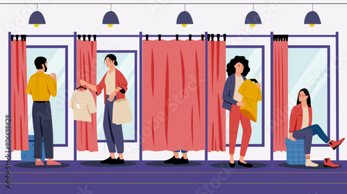 Clothing shop with people man and woman buying. Vector of fitting room, store sale, shop fashion clothing, retail boutique with customer illustration