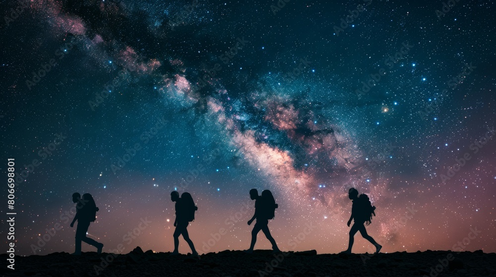 Fototapeta premium Silhouette of people walking on the dune - Magnificent view of mountains under the night starry sky with Andromeda galaxy