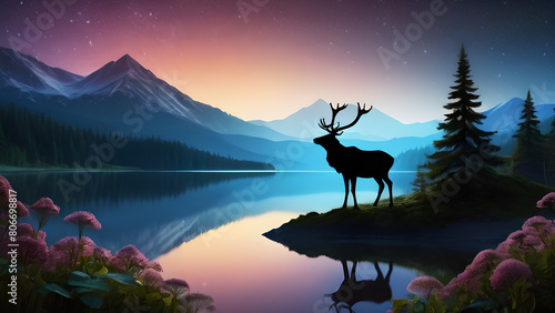 Illustration of a deer by the lake with mountains in the background. Colorful mountain landscape at full moon night.