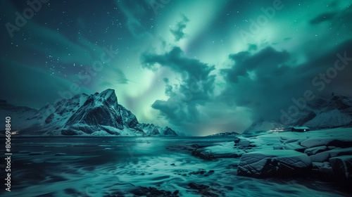 This stunning image captures the ethereal beauty of the northern lights, illuminating the night sky with vibrant green polar auroras over the scenic landscape of Islands, Norway.