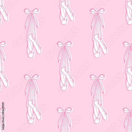 Cute coquette pattern seamless pink ribbon bow and ballet shoes. Cute feminine romantic background for textile, fabric, wallpaper, wrapping. Ballet core.