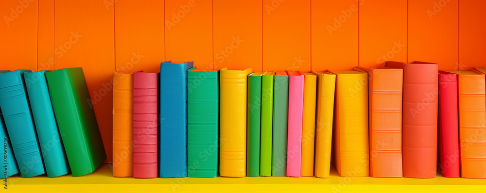 Vertical Stack of Blue and Green Books on Orange Background Vertical Stack of Blue and Green Books on Orange Background