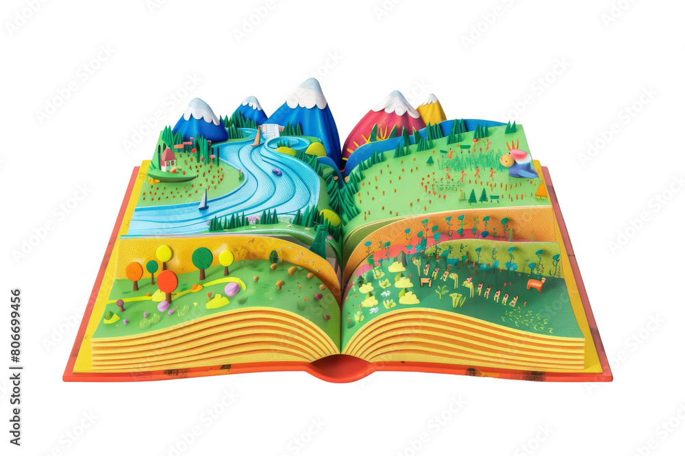 The image shows an open book. The left page is a scene of mountains and a river. The right page shows a village in a valley.