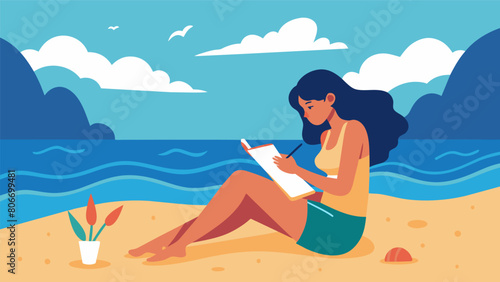 With her toes in the sand and the sound of waves crashing in the distance a girl writes in her journal while the cool ocean breeze brushes through her.