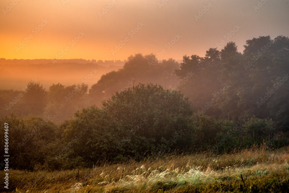 Red sunrise over the beautiful field and trees . Red clouds and sky with sun. Sun over the trees . Summer field at morning . Fog and sky . Beautiful landscape at summer with fog Red sunrise over the beautiful field and trees . Red clouds and sky with sun. Sun over the trees . Summer field at morning . Fog and sky . Beautiful landscape at summer with fog