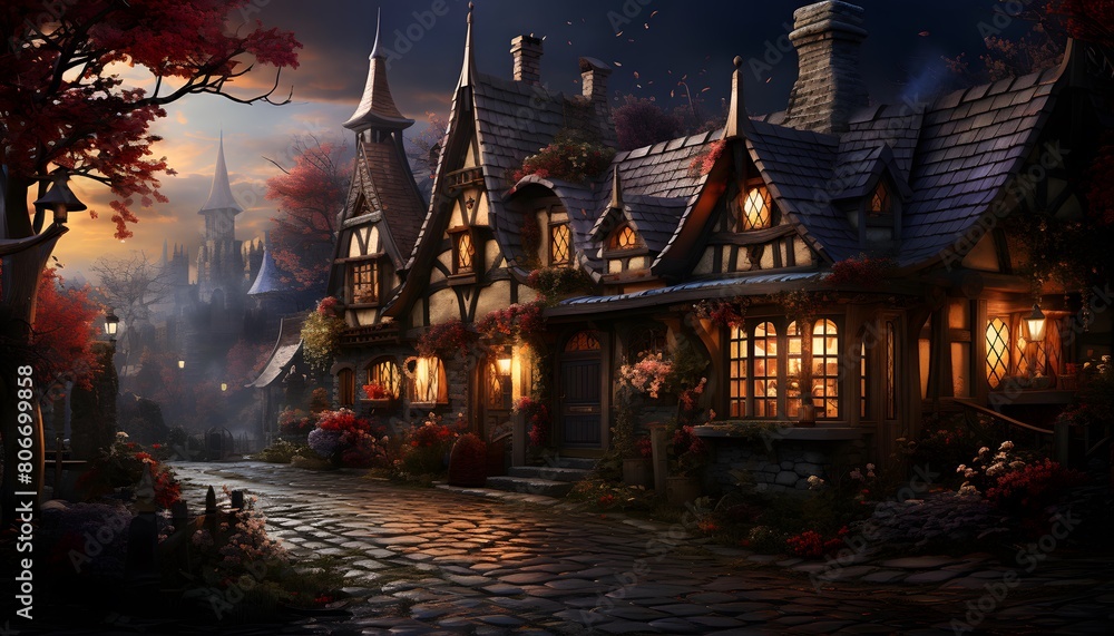 Autumn night in the old village. Panoramic image.