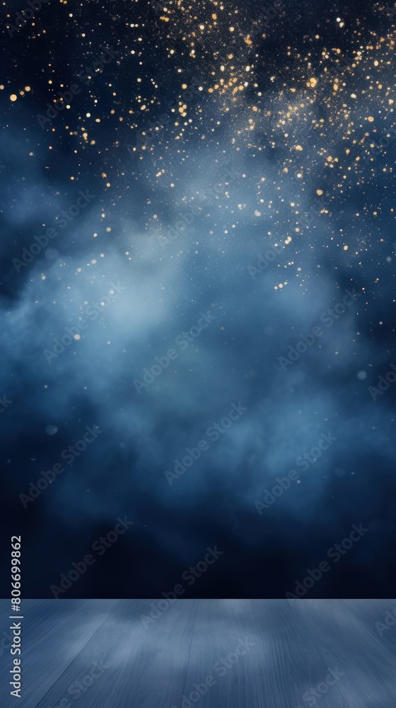 Navy Blue smoke empty scene background with spotlights mist fog with gold glitter sparkle stage studio interior texture for display products blank 