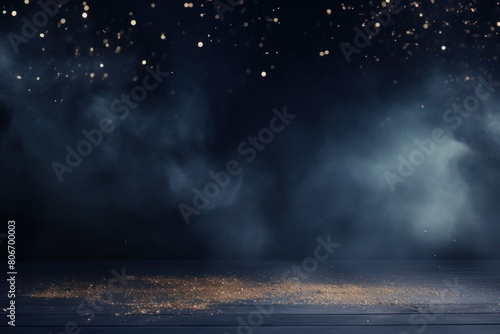 Navy Blue smoke empty scene background with spotlights mist fog with gold glitter sparkle stage studio interior texture for display products blank 