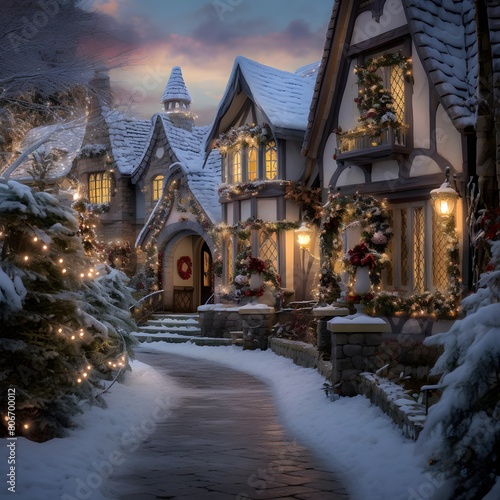 Beautiful winter landscape with snow covered houses and Christmas lights in the foreground