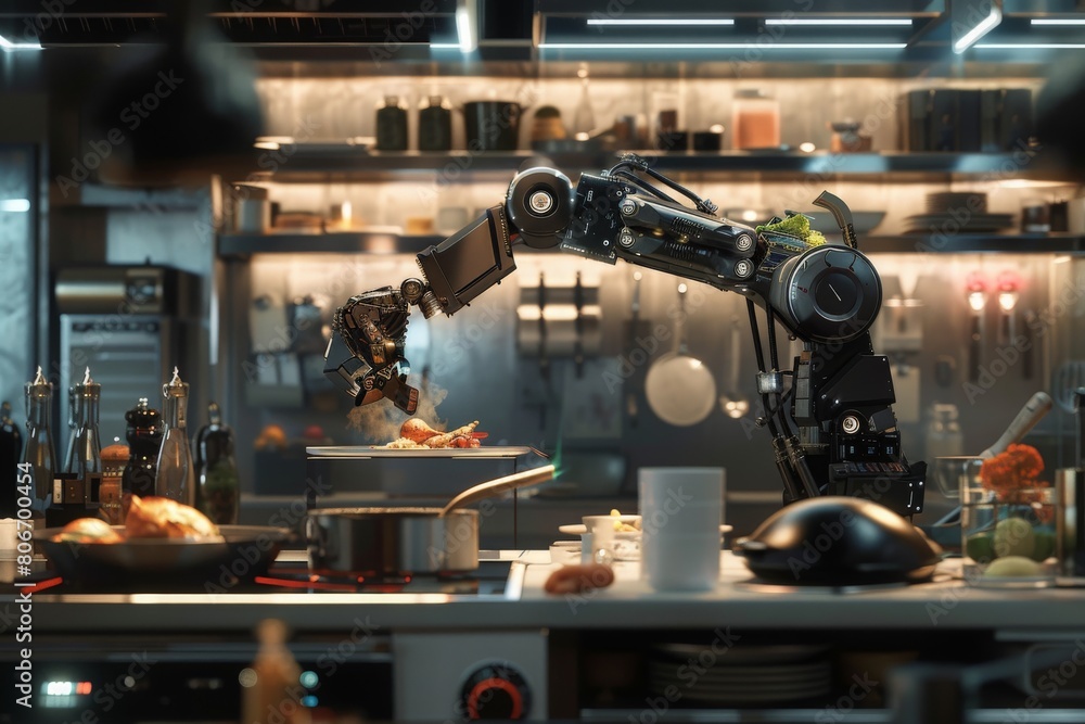 Kitchen scene with a robot chef preparing a complex dish, highlighting the mechanical precision and the textures of the food Kitchen scene with a robot chef preparing a complex dish, highlighting the mechanical precision and the textures of the food