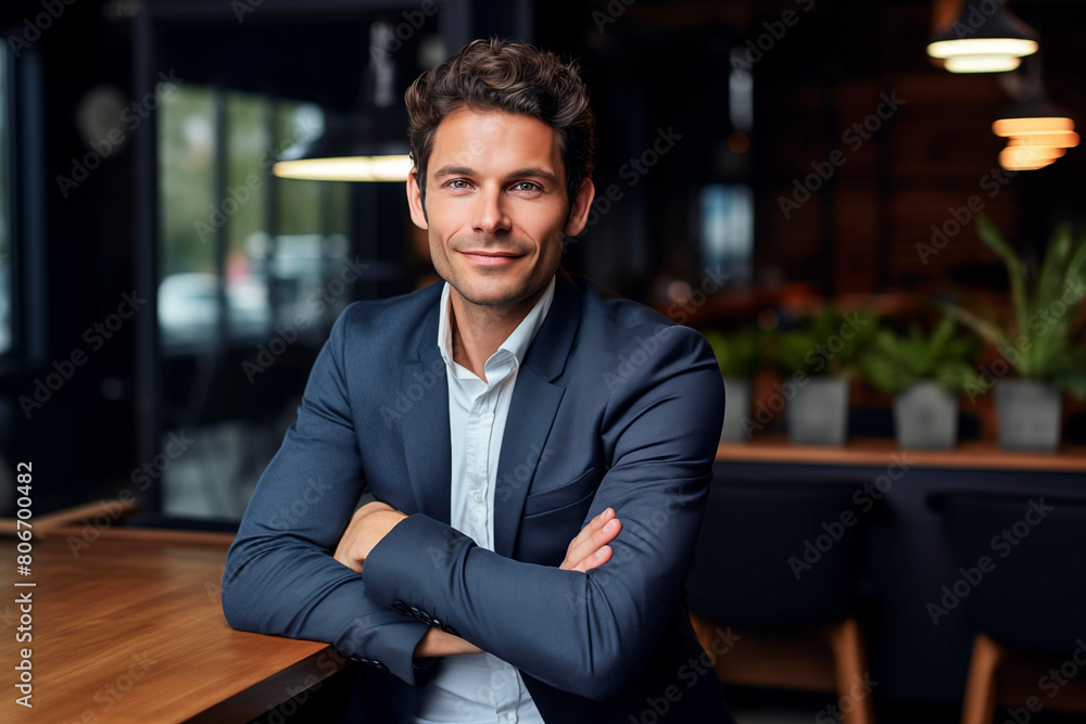 Confident businessman in a dark suit sits at a cafe, with a poised and approachable expression, illuminated by soft ambient lighting. Confident businessman in a dark suit sits at a cafe, with a poised and approachable expression, illuminated by soft ambient lighting.