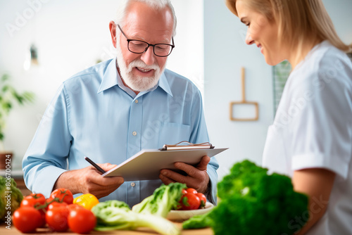 A senior man in a light blue shirt and glasses is discussing dietary options with a blonde female nutritionist in a white coat. They are surrounded by a variety of fresh vegetables like bell peppers  