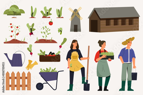 Farmers and crops, garden tools and people. Vector of farmer agriculture, crop farm, work at garden illustration
