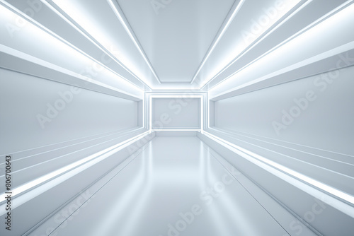 Sleek futuristic room with bright white surfaces and sharp geometric lines  illuminated by strong linear lighting.