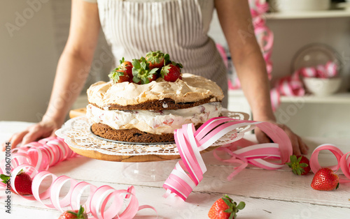 Strawberry cream cake for mothers day  birthday celebration torte