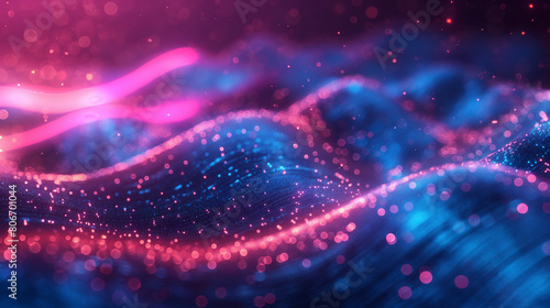 Data sorting flow process. Big data stream futuristic infographic. Colorful particle wave with bokeh. 