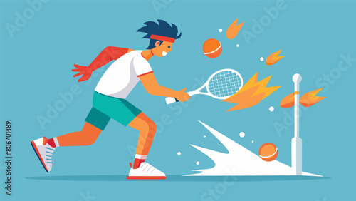 A player gritting his teeth and focusing on his footwork as he prepares to return a barrage of balls from the highspeed tennis machine.. Vector illustration photo