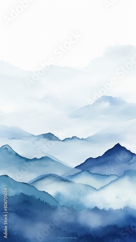 Navy Blue tones watercolor mountain range on white background with copy space display products blank copyspace for design text photo website web 