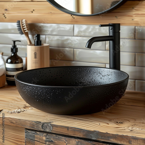 Stylish black vessel sink and faucet on wall mounted wooden countertop near concrete tiled wall. Minimalist interior design of modern bathroom