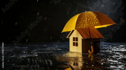 House model sheltered under an umbrella against a dark background  Ai Generated