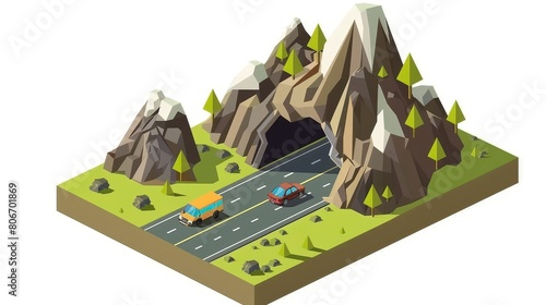 Fototapeta Naklejka Na Ścianę i Meble -  Mountain, car tunnel on highway road. White background, Ai Generated.