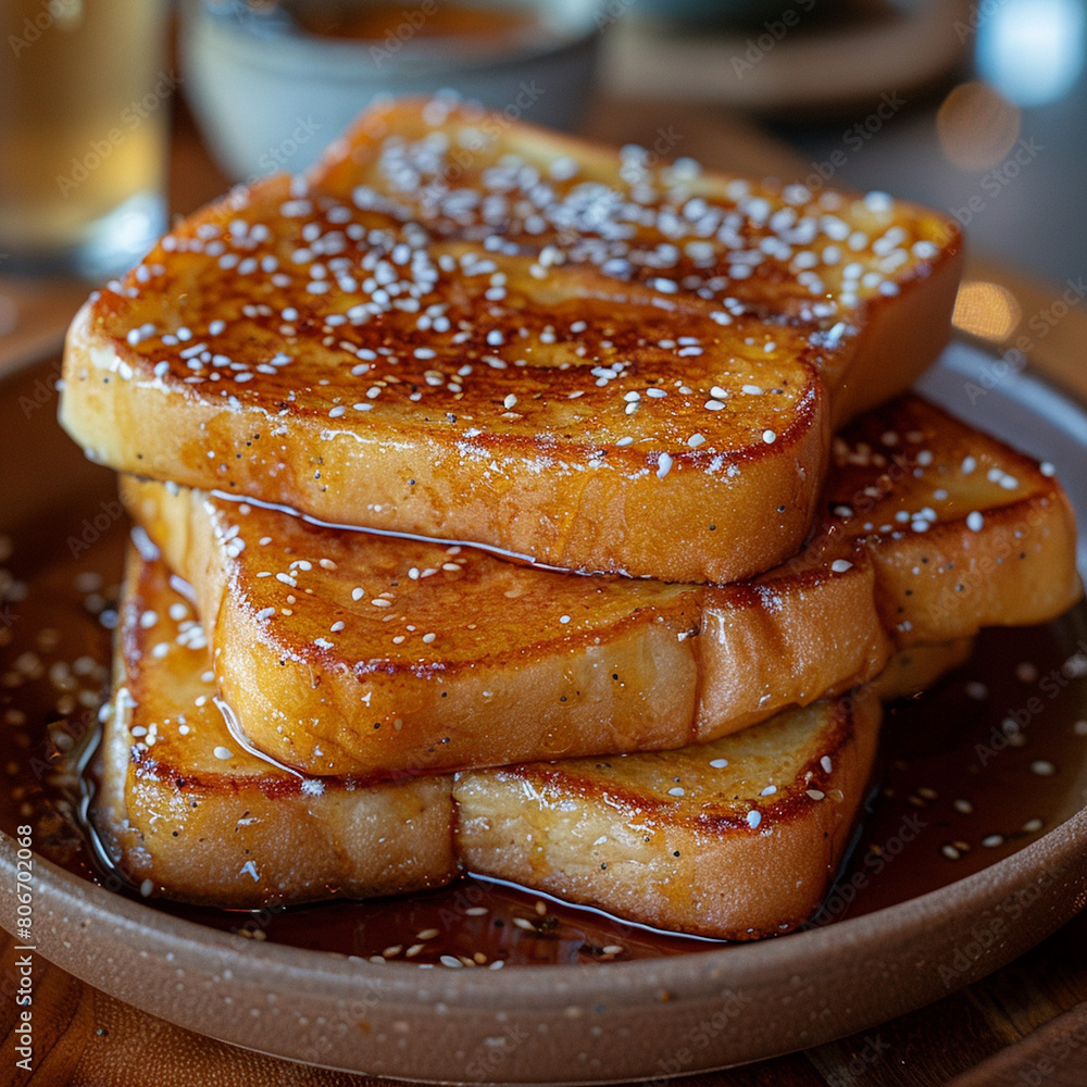 Close up of delicious homemade french toast bread stacking in dish on wooden table