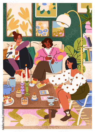 Girlfriends gathering at home, cozy tarot and tea party. Best friends, young women enjoying leisure, relaxation. Girls spending time indoors, relaxing in living room. Flat vector illustration