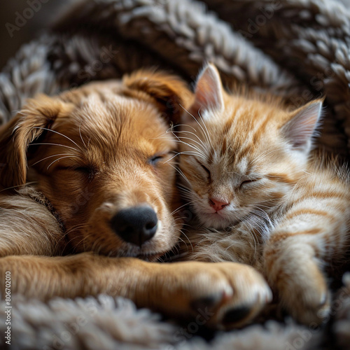 Cat and dog sleeping. Puppy and kitten sleep. on white blurred home background  with copy space  concept of sweet sleeping  friendship and peaceful slow life