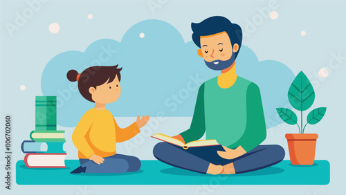 A parent teaching their child the Stoic concept of focusing only on the present moment rather than worrying about the past or future.. Vector illustration