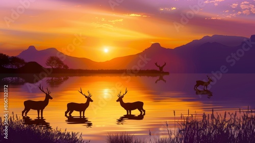 Deer silhouettes against sunset backdrop  wild animals in natural landscape  Ai Generated