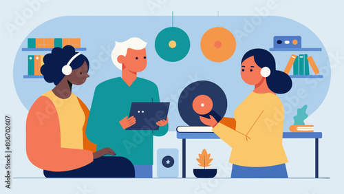In a mental health facility patients participate in music therapy using vinyl records. The the guides them through a playlist chosen specifically to Vector illustration