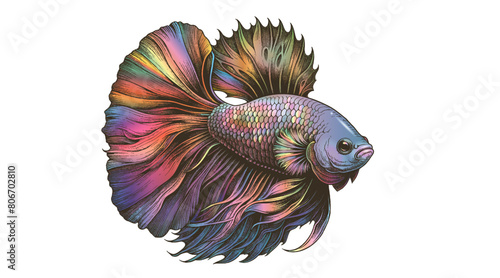 Colorful fighting fish vintage drawing on white BG