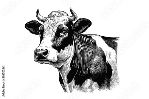 Dairy cattle head drawing on white BG