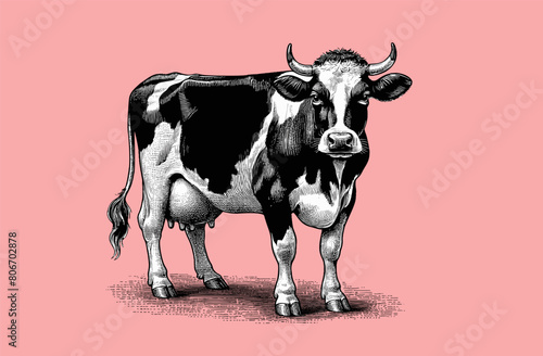 dairy cattle standing drawing on pink BG